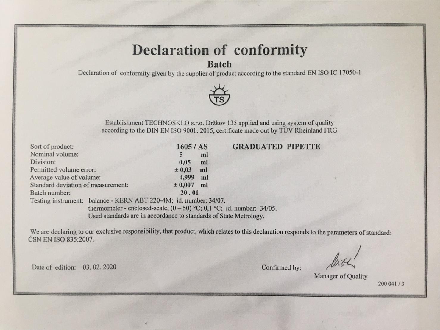 ปิเปตแก้วมีขีดปริมาตร 5 ml Graduated Pipette Class AS "Qualicolor" Czech