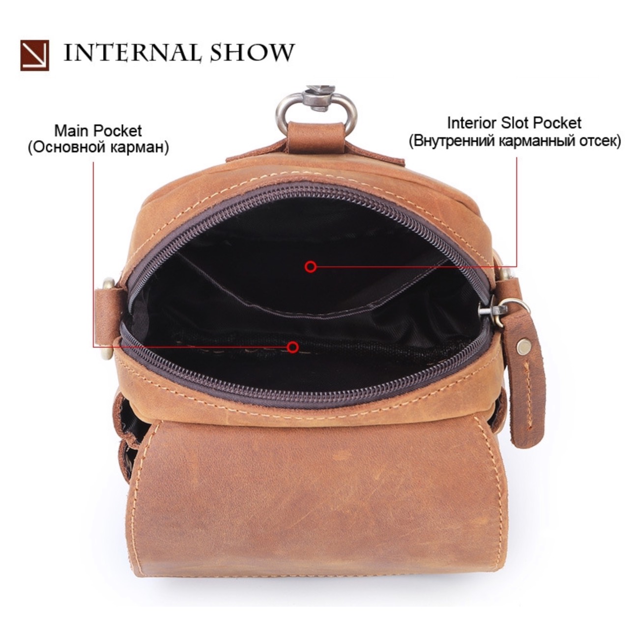 For You Leather LB47 กระเป๋าสะพายข้างผู้ชาย หนังแท้ ใบเล็ก กระเป๋าคาดเอว ร้อยเข็มขัด ค้องหูกางเกง (น้ำตาล) LB47