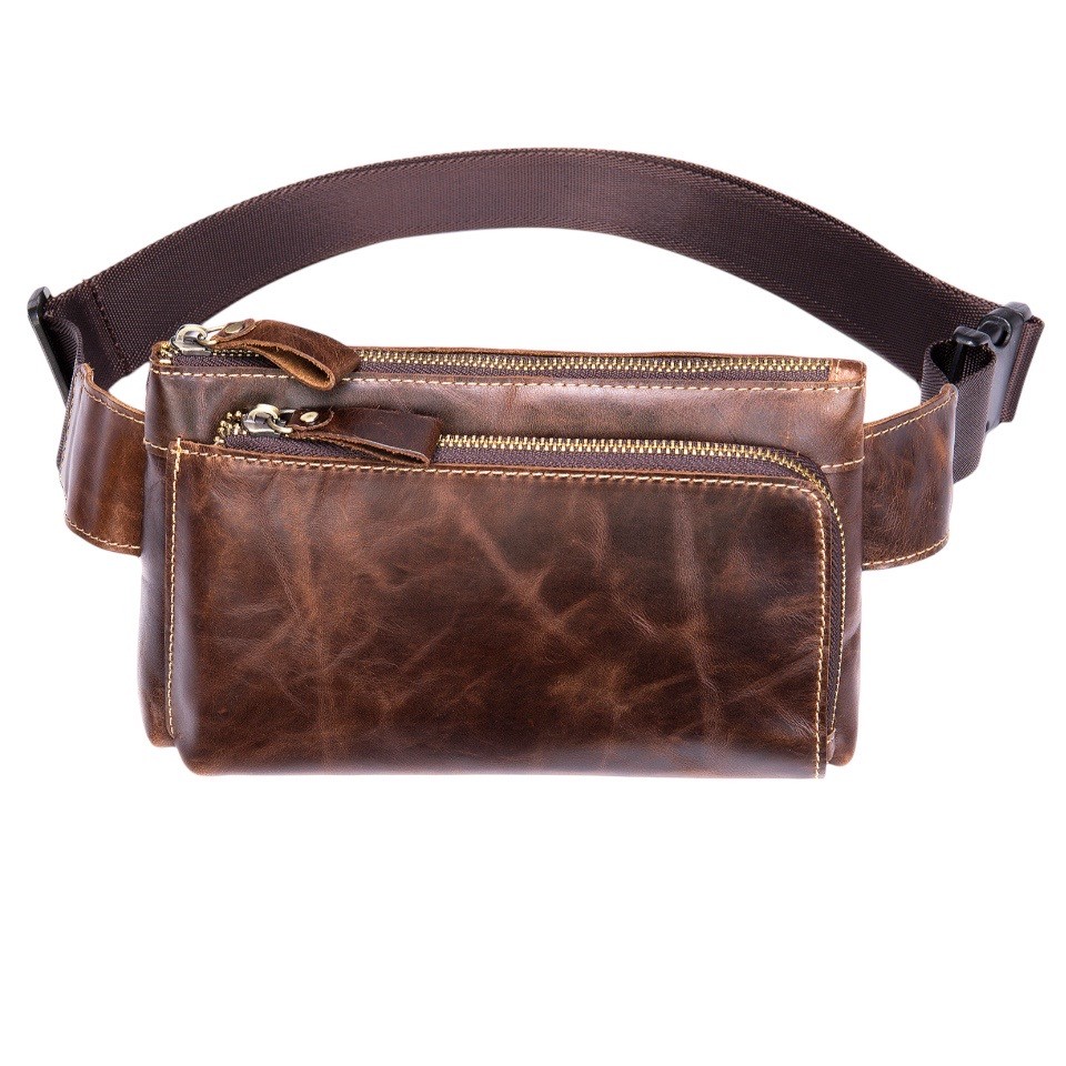 For You Leather LB14 กระเป๋าคาดอก กระเป๋าคาดเอว ผู้ชาย หนังแท้ ซิบคู่ ขนาดเล็ก กะทัดรัด (น้ำตาล) LB14