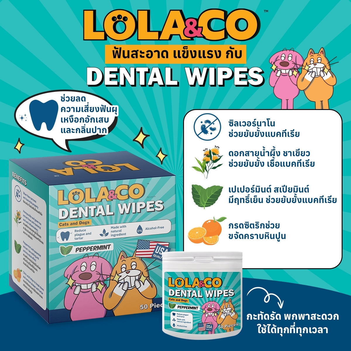 Lola&Co แผ่นเช็ดฟัน กลิ่นมินท์ 50 ชิ้น