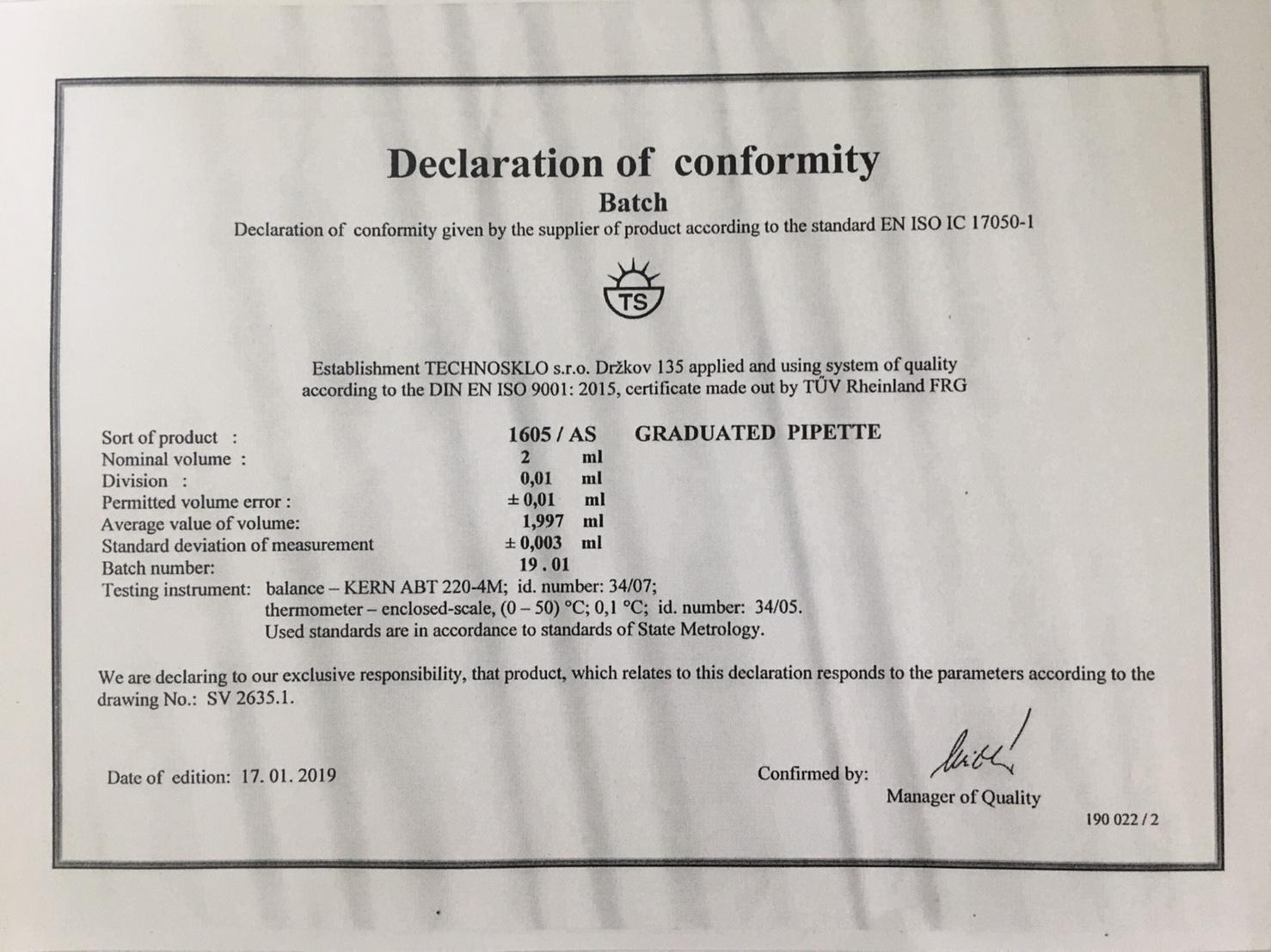 ปิเปตแก้วมีขีดปริมาตร 2 ml Graduated Pipette Class AS "Qualicolor" Czech