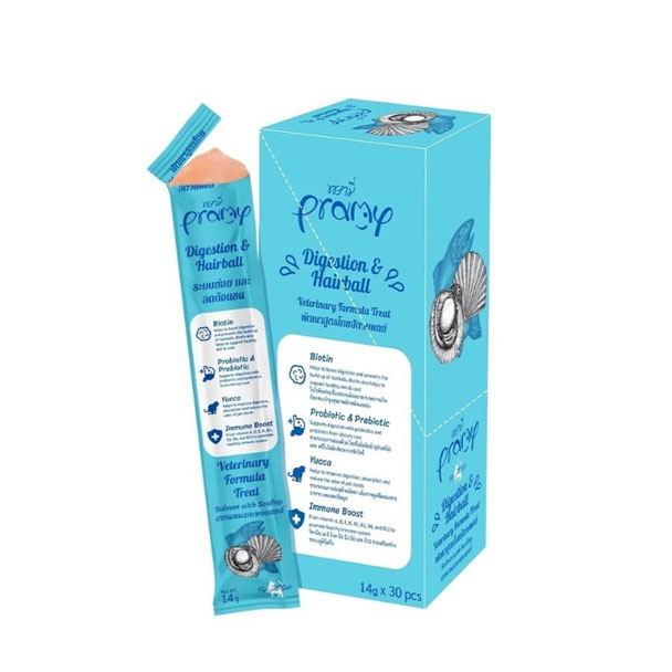 Pramy แมวเลีย-แซลมอนและหอยเชลล์ 14 กรัม บำรุงลำไส้ (สีฟ้า)