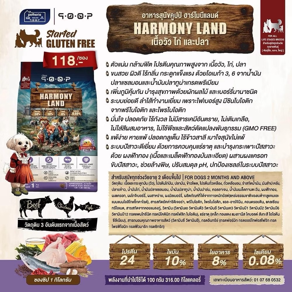 QOOQ Dog - HARMONY LAND (รสเนื้อวัว ไก่ และปลา) 1 KG