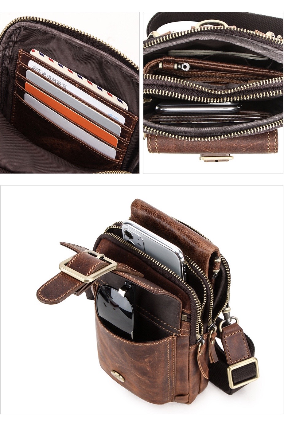 For You Leather LB59 กระเป๋าสะพาย ผู้ชาย หนังแท้ คาดเข็มขัดได้ ขนาดกะทัดรัด เกรดพรีเมี่ยม (น้ำตาล) LB59