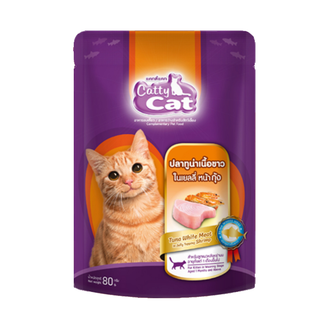 B/D Catty Cat PC52 ปลาทูน่าเนื้อขาวในเยลลี่หน้ากุ้ง 80g