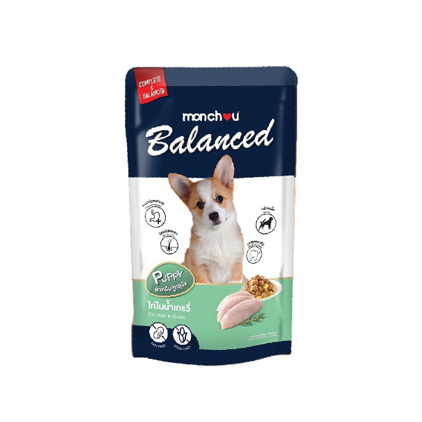 Monchou Balanced PP1 ลูกสุนัขไก่ในน้ำเกรวี่ 120 กรัม
