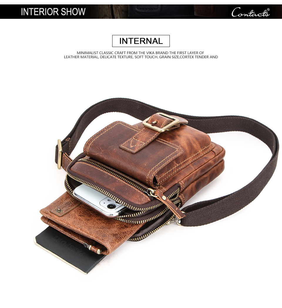 For You Leather LB59 กระเป๋าสะพาย ผู้ชาย หนังแท้ คาดเข็มขัดได้ ขนาดกะทัดรัด เกรดพรีเมี่ยม (น้ำตาล) LB59