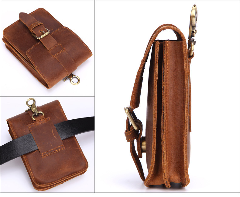 For You Leather LB62 กระเป๋าคาดเอว กระเป๋าคาดเข็มขัด กระเป๋าใส่มือถือ หนังแท้ ทรงตั้ง (น้ำตาล) LB62