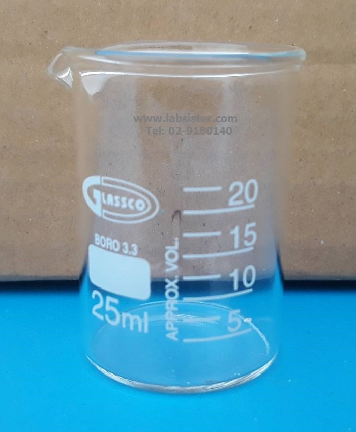 บีกเกอร์แก้วทรงเตี้ย 25 ml Beaker low-form "Glassco" UK