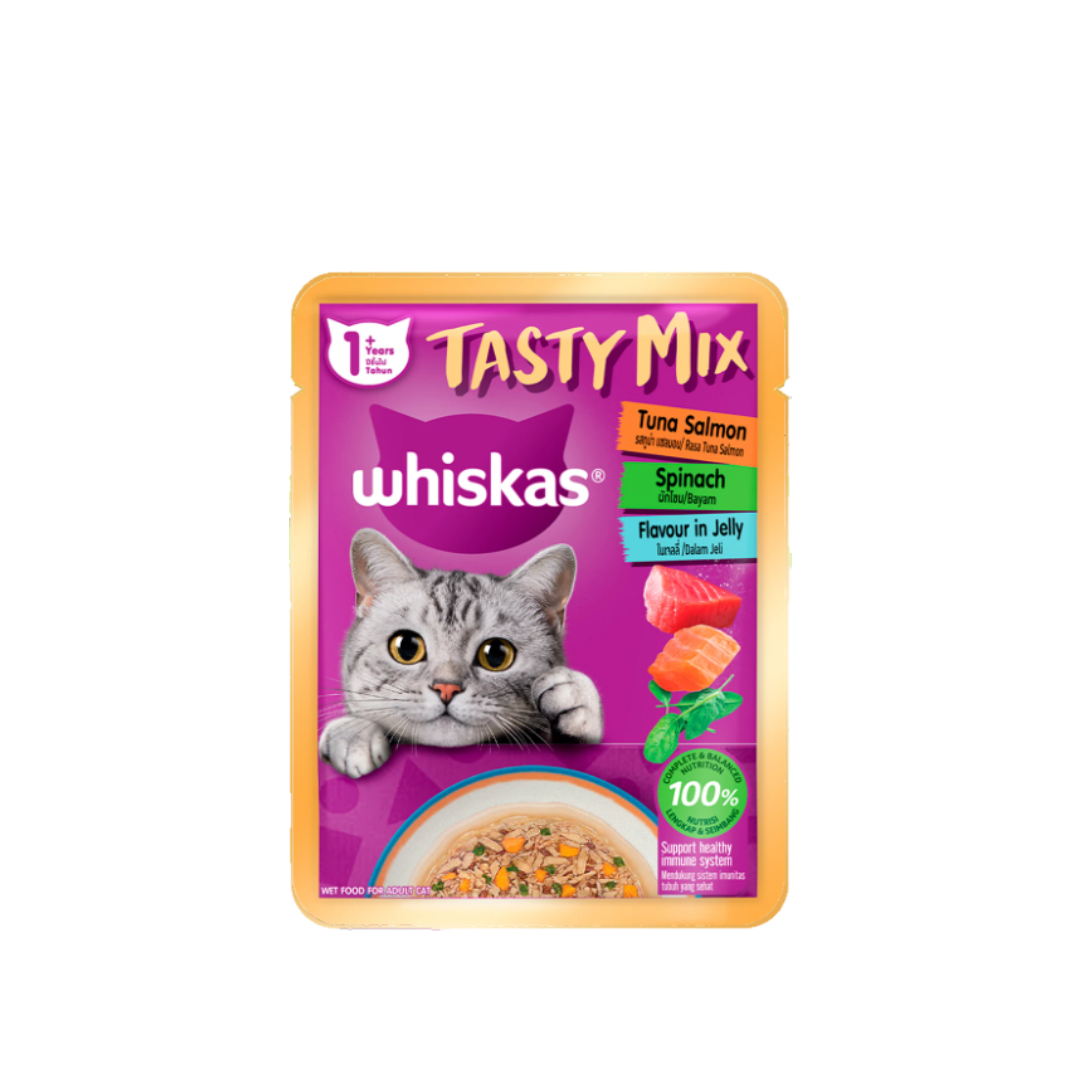 W/K Tasty Mix TJ3 ทูน่า+แซลมอนและผักขมในเจลลี่ 70g.(ส้ม)