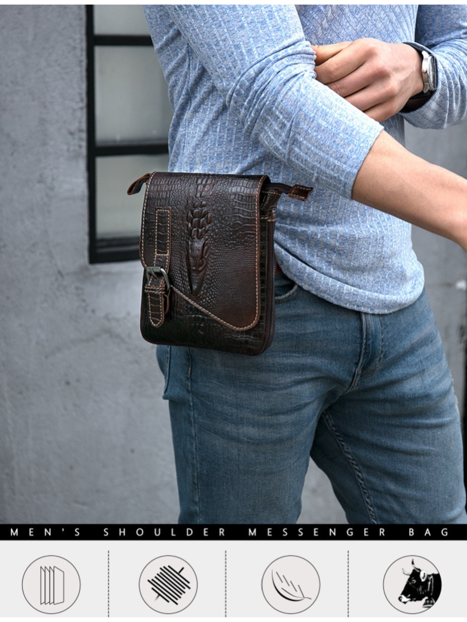 For You Leather LB66 กระเป๋าสะพายไหล่ใบเล็ก หรือ กระเป๋าคาดเอวร้อยเข็มขัด กระเป๋าหนังแท้ ลายหนังจระเข้ (สีน้ำตาล) LB66