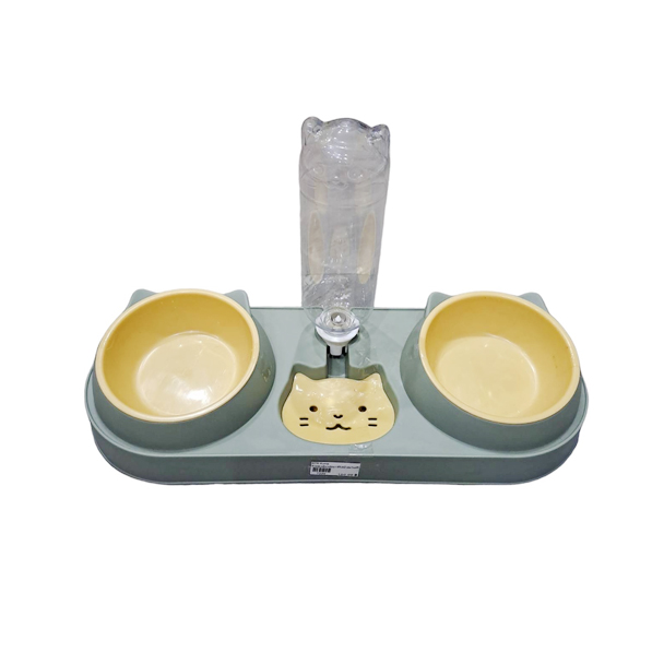 STR Kuma ชามคู่เหมียวน้อย+ที่ให้น้ำอัตโนมัติ (สีเขียว) PT04-DCB-GN