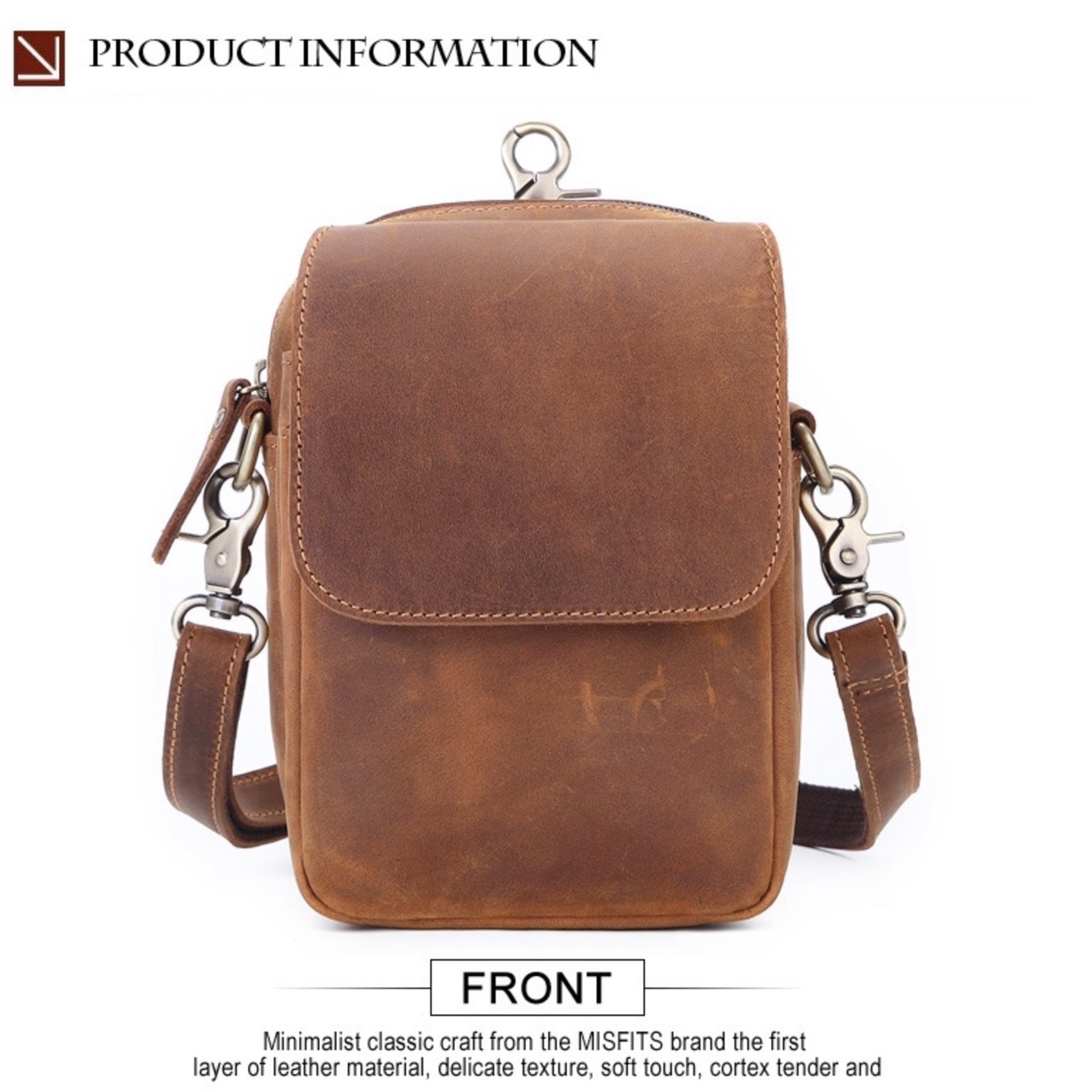 For You Leather LB47 กระเป๋าสะพายข้างผู้ชาย หนังแท้ ใบเล็ก กระเป๋าคาดเอว ร้อยเข็มขัด ค้องหูกางเกง (น้ำตาล) LB47