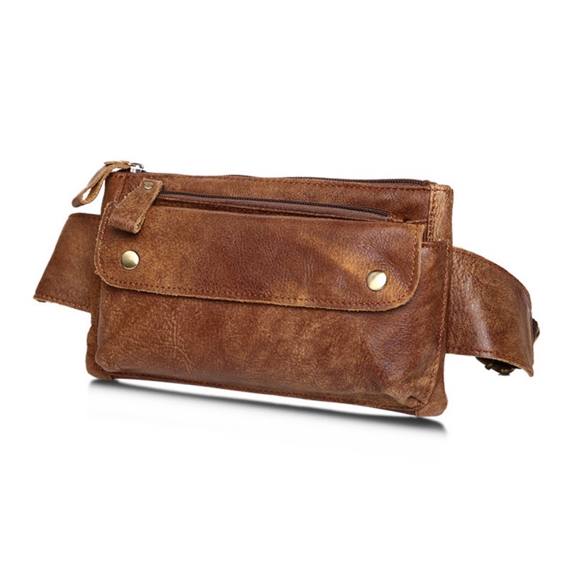 For You Leather LB34 กระเป๋าคาดเอว/คาดอก ผู้ชาย หนังแท้ ฝาพับกระดุมแม่เหล็ก รุ่นตัวล็อคหัวทองเหลือง LB34