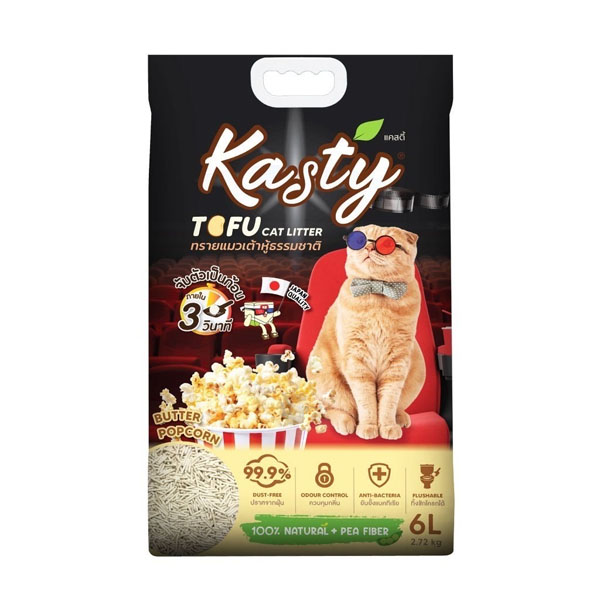 Kasty ทรายเต้าหู้ธรรมชาติ กลิ่นป๊อปคอร์นอบเนย 6 ลิตร 2.72 Kg