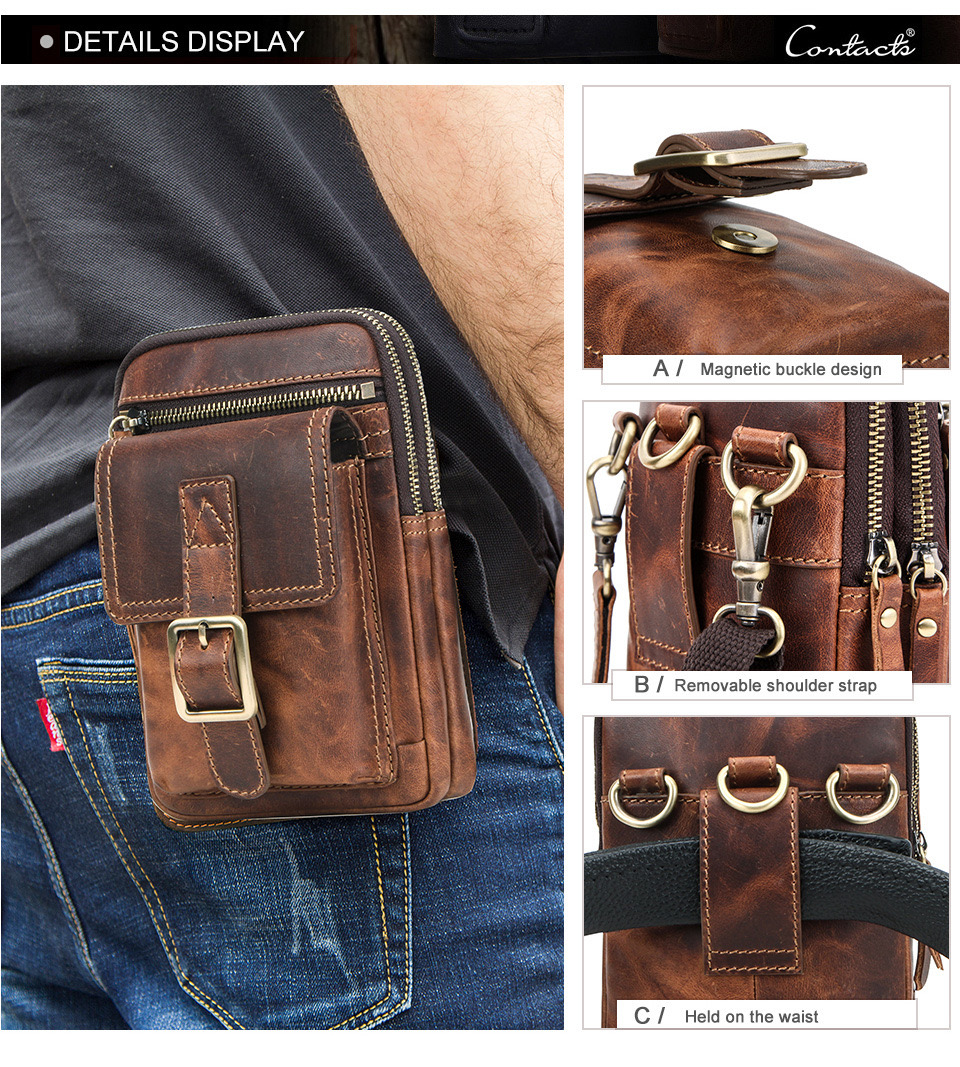 For You Leather LB59 กระเป๋าสะพาย ผู้ชาย หนังแท้ คาดเข็มขัดได้ ขนาดกะทัดรัด เกรดพรีเมี่ยม (น้ำตาล) LB59