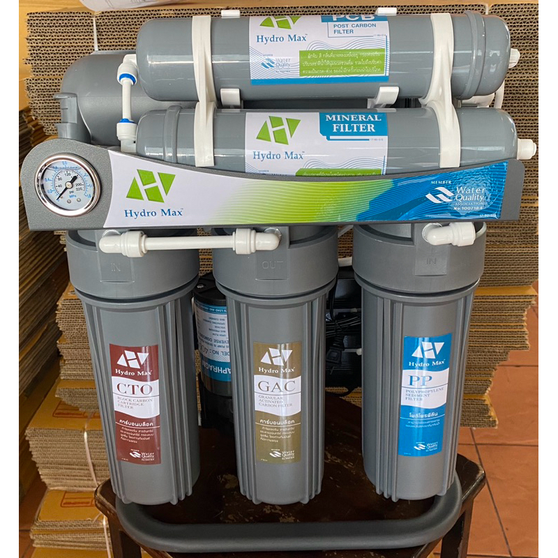 เครื่องกรอง RO (รีเวิร์สออสโมซิส) 400 gpd เฟรมตั้ง แบรนด์ Hydromax ระบบกรองน้ำดื่ม 6 ขั้นตอน 1. PP (โพลีโพรพิลีน)2. CTO (คาร์บอนอัดแท่ง)3. GAC (คาร์บอนเกร็ด)4. RO (รีเวิสออสโมชีส)5. PCB (โพสต์คาร์บอน)6. Mineral (หินแร่)