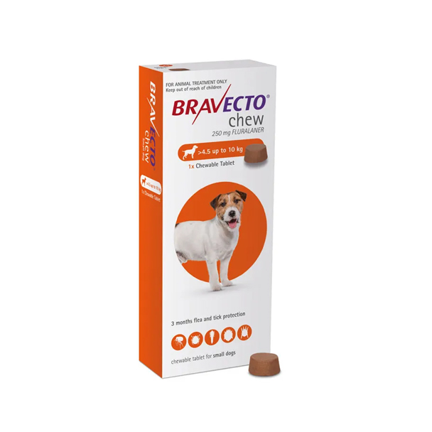 Bravecto ยากินป้องกันเห็บ - หมัด น้ำหนักไม่เกิน 4.5 - 10 Kg (1กล่อง = 1 เม็ด) ส้ม