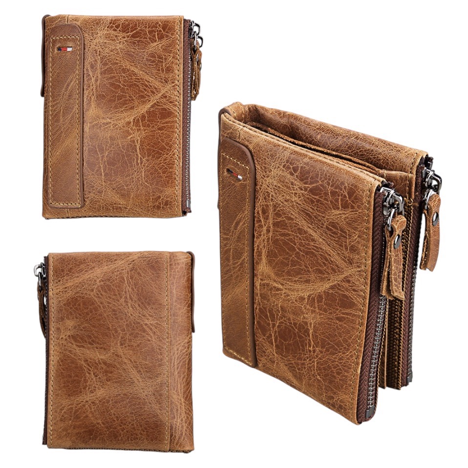 For You Leather กระเป๋าสตางค์ หนังแท้ ใบสั้น ซิบคู่ รุ่นWL03 สีน้ำตาล WL03