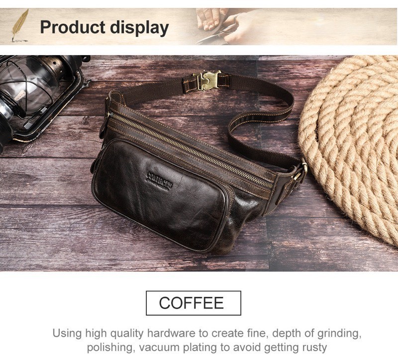 For You Leather LB33 กระเป๋าคาดเอว/คาดอก กระเป๋าผู้ชาย กระเป๋าหนังแท้ (สีกาแฟ) LB33