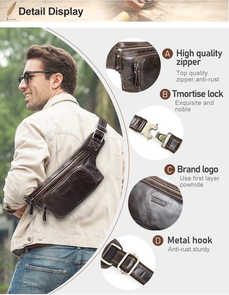 For You Leather LB33 กระเป๋าคาดเอว/คาดอก กระเป๋าผู้ชาย กระเป๋าหนังแท้ (สีกาแฟ) LB33