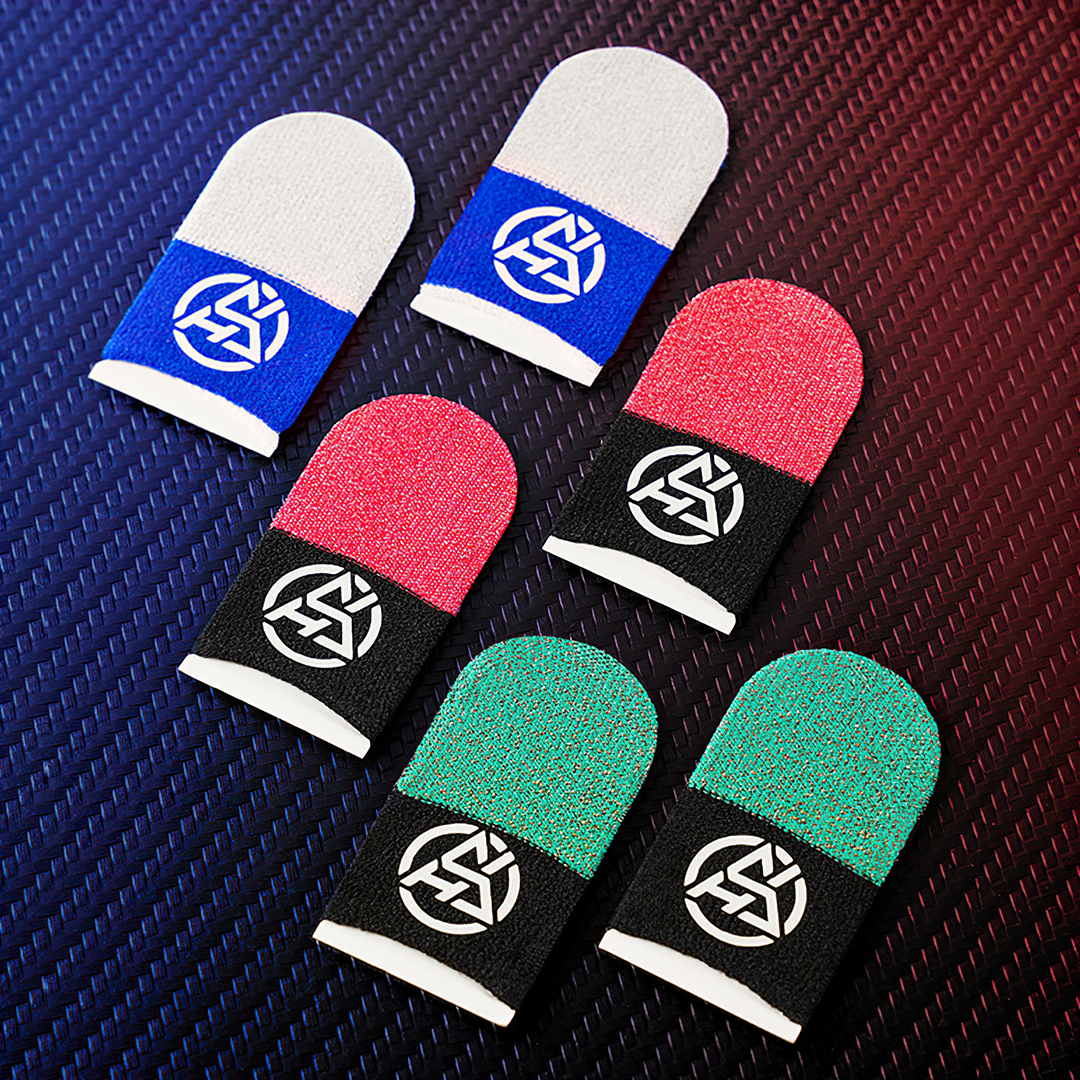 GAME FINGER SLEEVE ถุงนิ้วเล่นเกมมือถือ 1คู่ เล่นได้ทุกเกม (GFS เส้นใยเงิน Logo เรืองแสง แบบสลับสี)