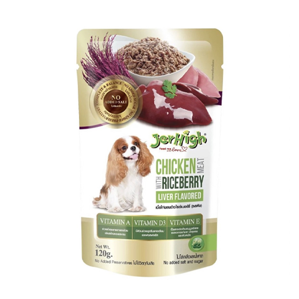 Jerhigh เนื้อไก่ผสมข้าวไรซ์เบอร์รี่ (รสตับ) 120 กรัม