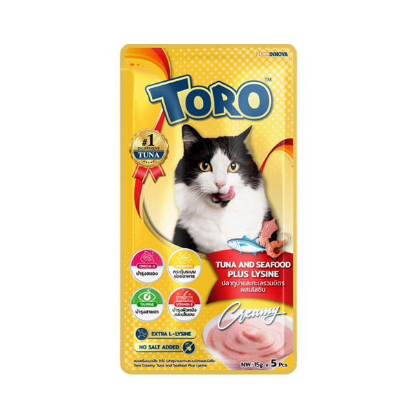 Toro แมวเลีย ทูน่าและทะเลรวมมิตรผสมไลซีน 15g. x 5 ชิ้น