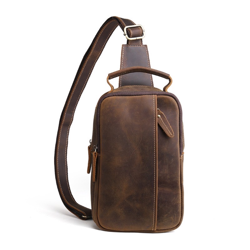 For You Leather LB95 กระเป๋าคาดอก ผู้ชาย หนังแท้ นูบัค (น้ำตาล) LB95