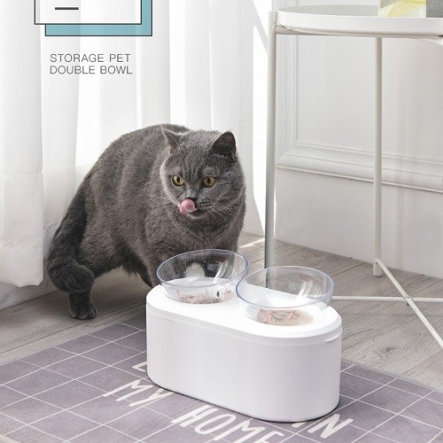 MM Cat BL01 ชามอาหารสัตว์เลี้ยง 2 หลุม เอียง15 องศา มีกล่องเก็บอาหารด้านล่าง