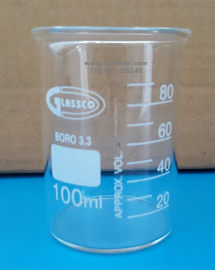 บีกเกอร์แก้วทรงเตี้ย 100 ml Beaker low-form "Glassco" UK