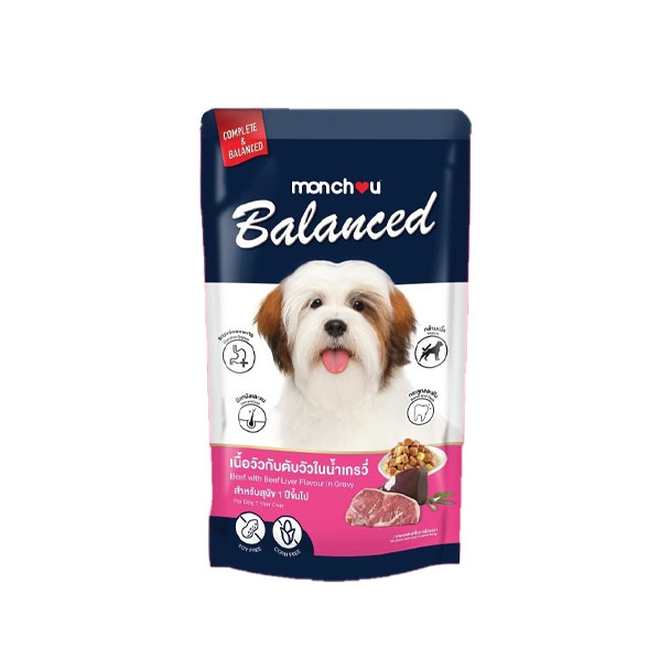 Monchou Balanced D3 สุนัขโตเนื้อวัวกับตับวัวในน้ำเกรวี่ 120 กรัม