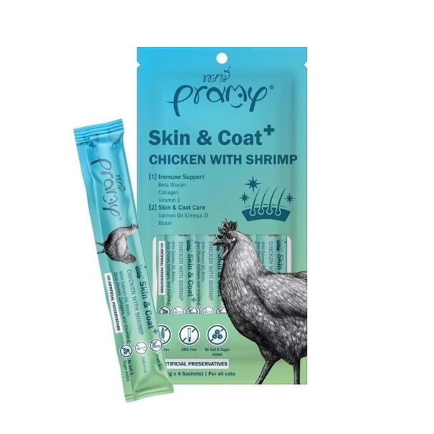 Pramy SM4 Skin & Coat+ ไก่กับกุ้ง สมูทตี้ 56 กรัม (14gx4)
