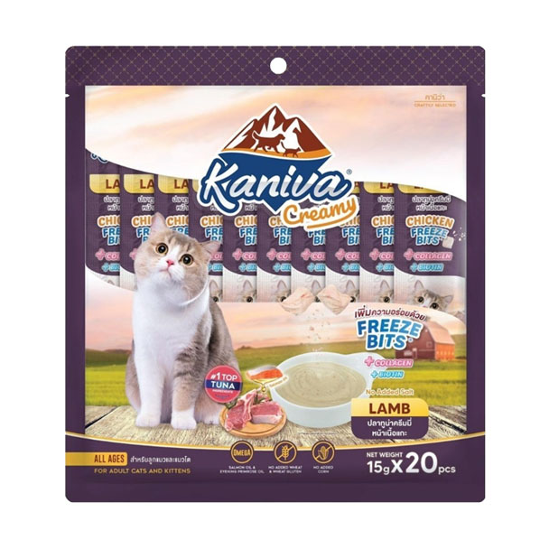 Kaniva Creamy แมวเลียรสปลาทูน่าครีมมี่หน้าเนื้อแกะ 15g แพค 20 ซอง