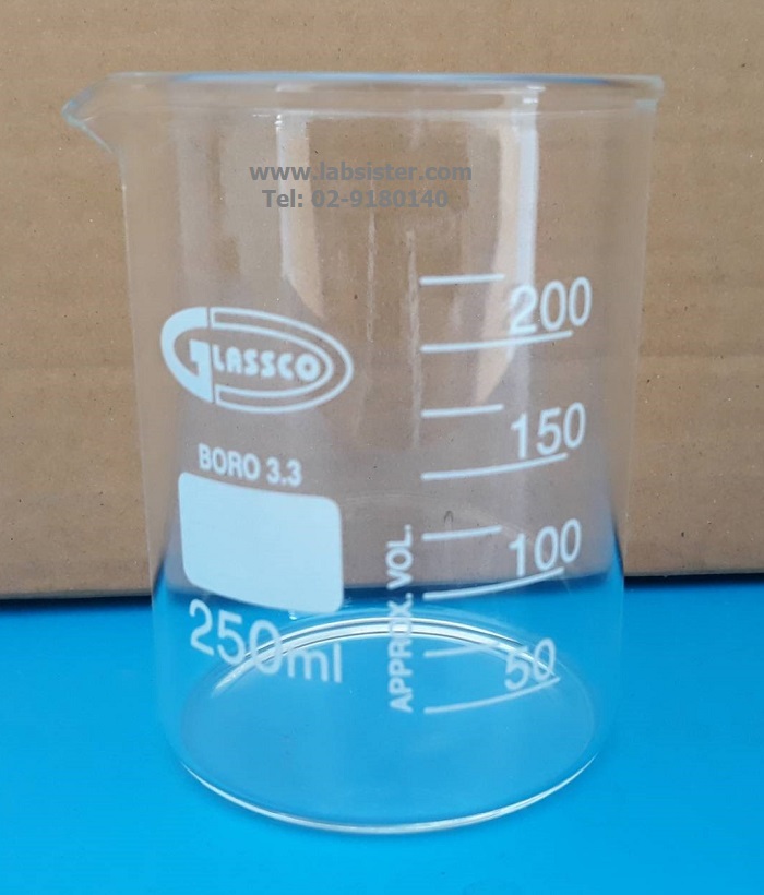 บีกเกอร์แก้วทรงเตี้ย 250 ml Beaker low-form "Glassco" UK