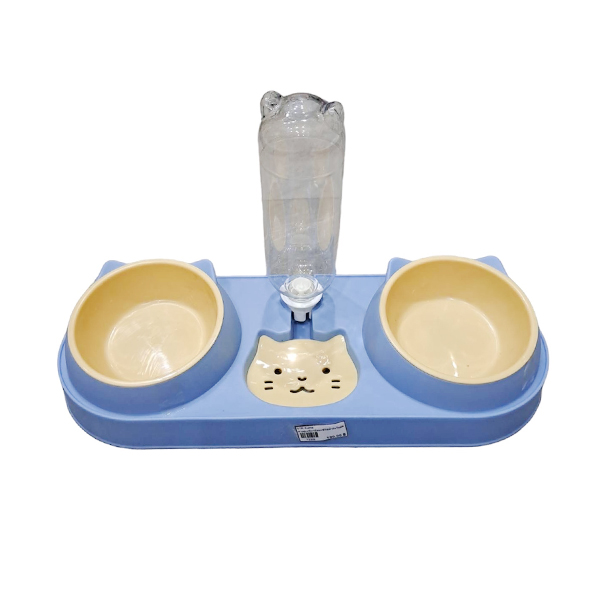 STR Kuma ชามคู่เหมียวน้อย+ที่ให้น้ำอัตโนมัติ (สีฟ้า) PT04-DCB-BL