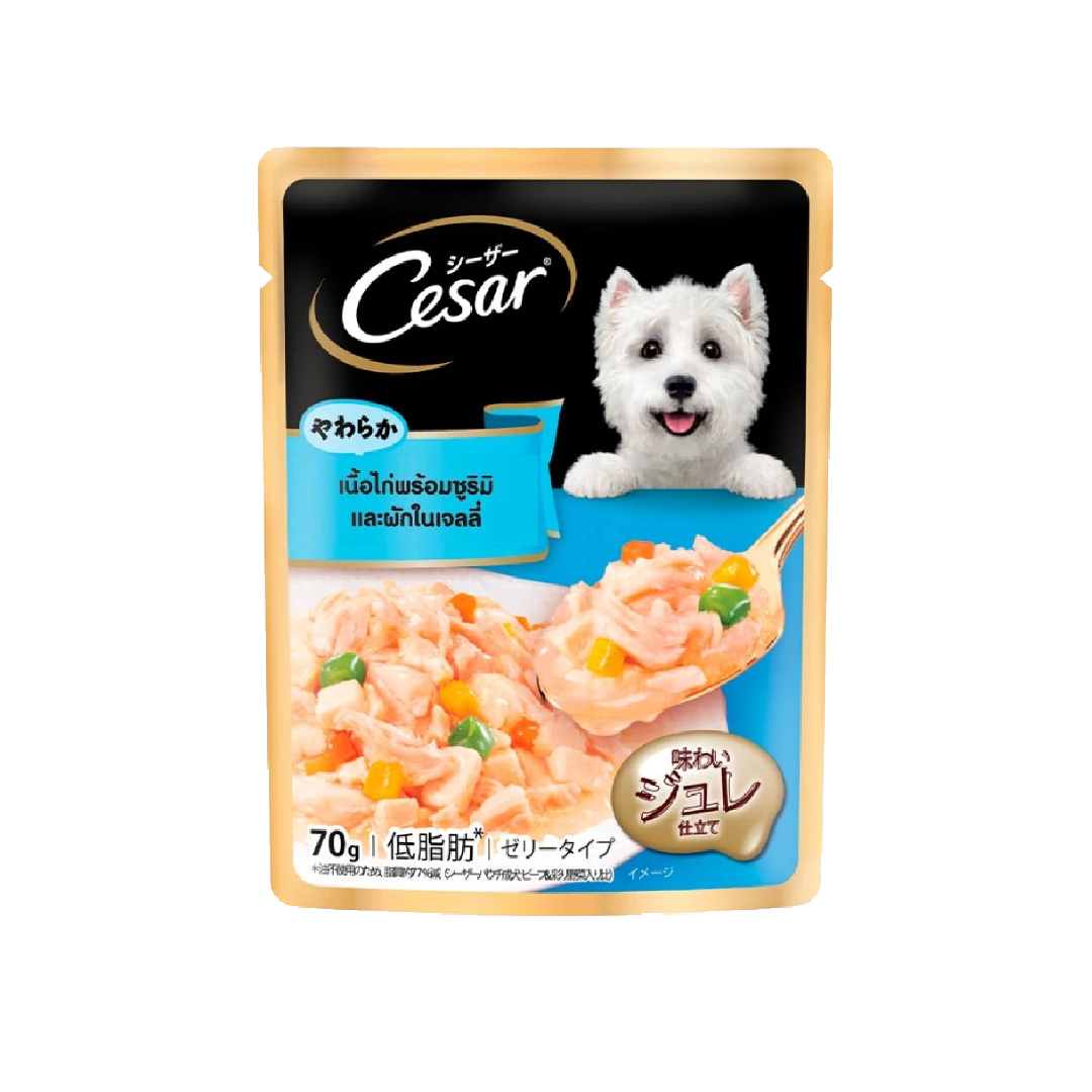 Cesar CEP14 เนื้อไก่พร้อมซูริมิและผักในเจลลี่ 70 g.