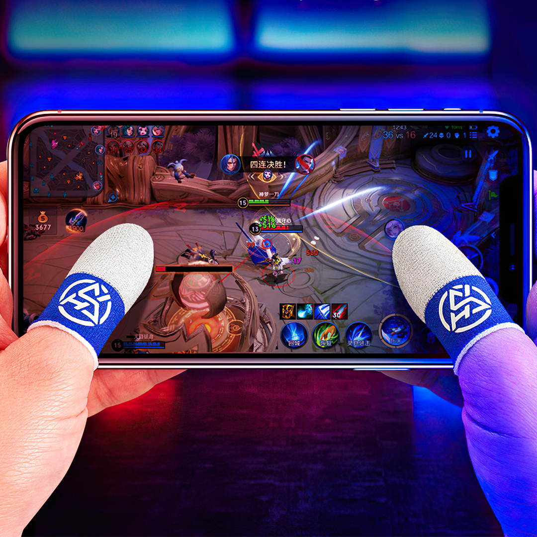 GAME FINGER SLEEVE ถุงนิ้วเล่นเกมมือถือ 1คู่ เล่นได้ทุกเกม (GFS เส้นใยเงิน Logo เรืองแสง แบบสลับสี)