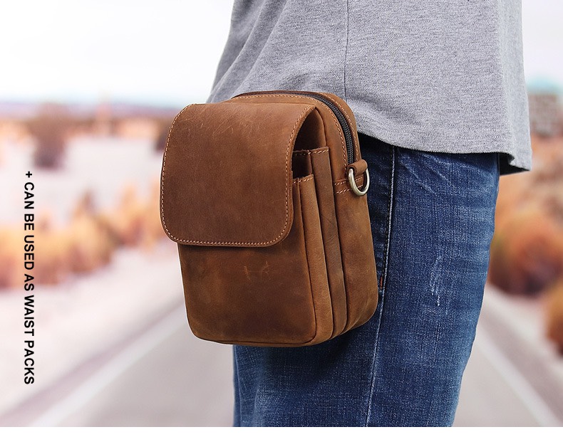 For You Leather LB47 กระเป๋าสะพายข้างผู้ชาย หนังแท้ ใบเล็ก กระเป๋าคาดเอว ร้อยเข็มขัด ค้องหูกางเกง (น้ำตาล) LB47