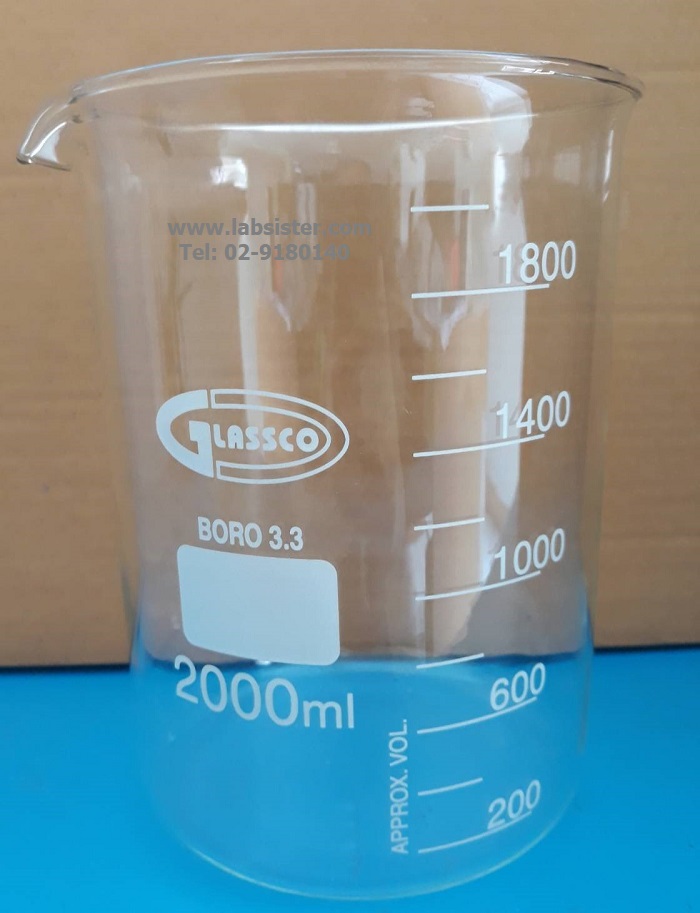 บีกเกอร์แก้วทรงเตี้ย 2000 ml Beaker low-form "Glassco" UK