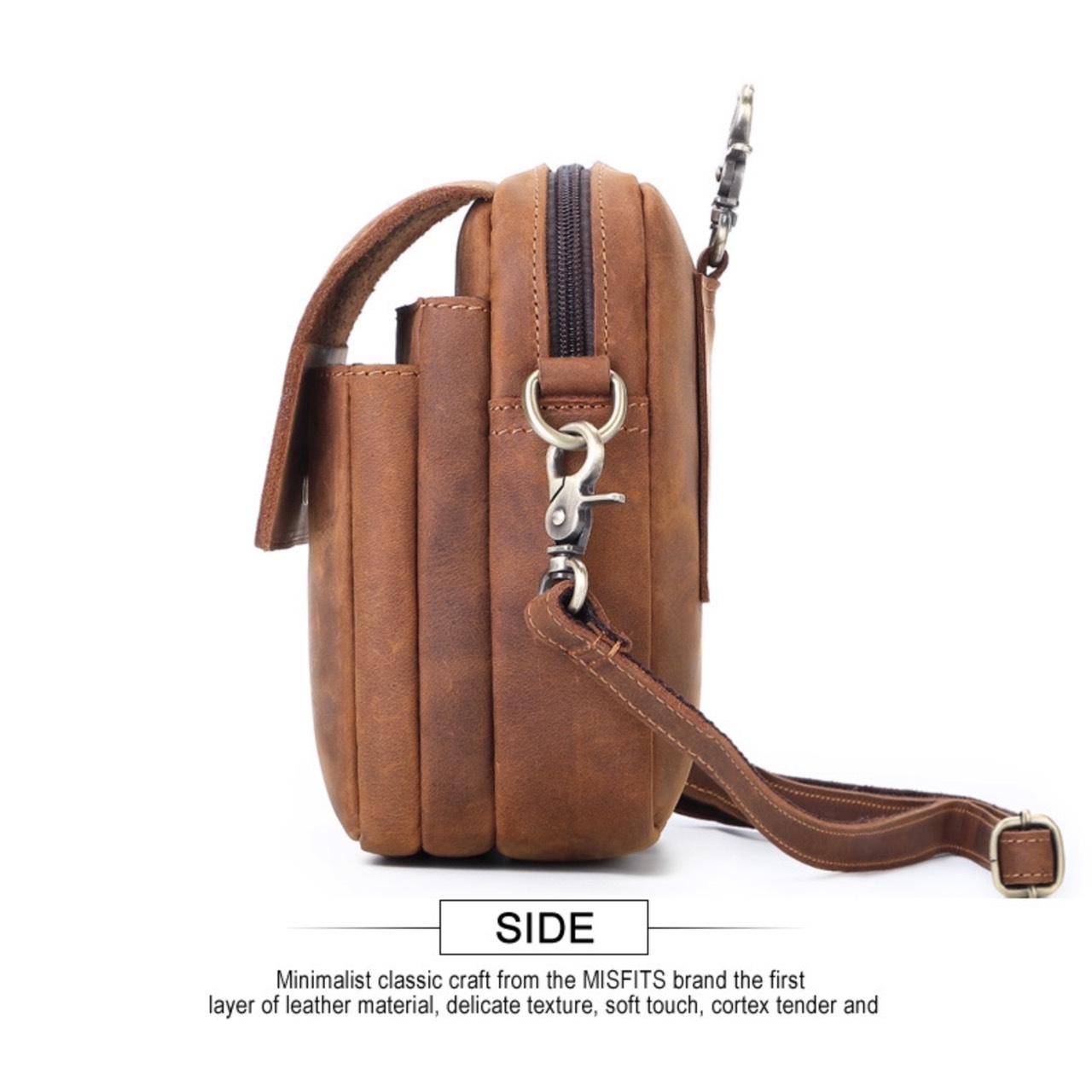 For You Leather LB47 กระเป๋าสะพายข้างผู้ชาย หนังแท้ ใบเล็ก กระเป๋าคาดเอว ร้อยเข็มขัด ค้องหูกางเกง (น้ำตาล) LB47