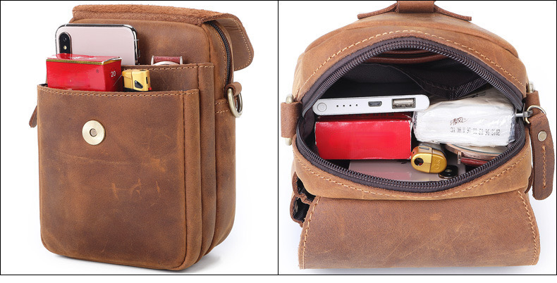 For You Leather LB47 กระเป๋าสะพายข้างผู้ชาย หนังแท้ ใบเล็ก กระเป๋าคาดเอว ร้อยเข็มขัด ค้องหูกางเกง (น้ำตาล) LB47