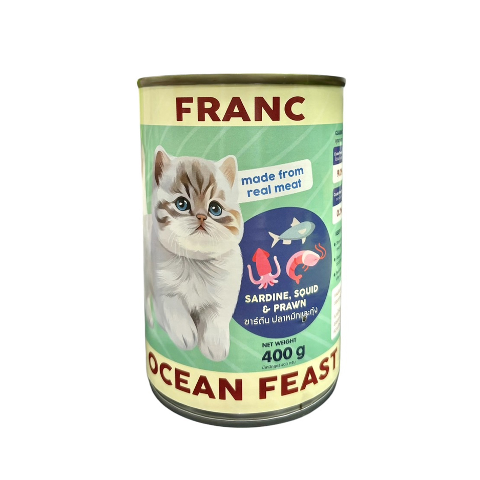 Franc FC52 อาหารเปียกแมว ซาร์ดีน ปลาหมึก และกุ้งในเยลลี่ 400 กรัม