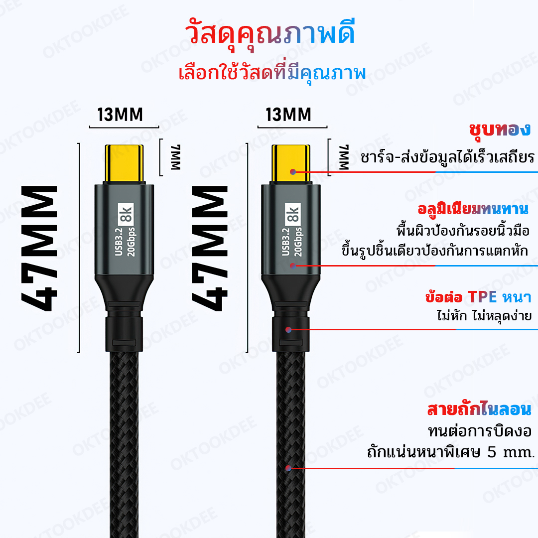 สายชาร์จ สาย USB-C PD100W USB 3.2 20Gbps 8K E-Marker (USB-C to USB-C) U003