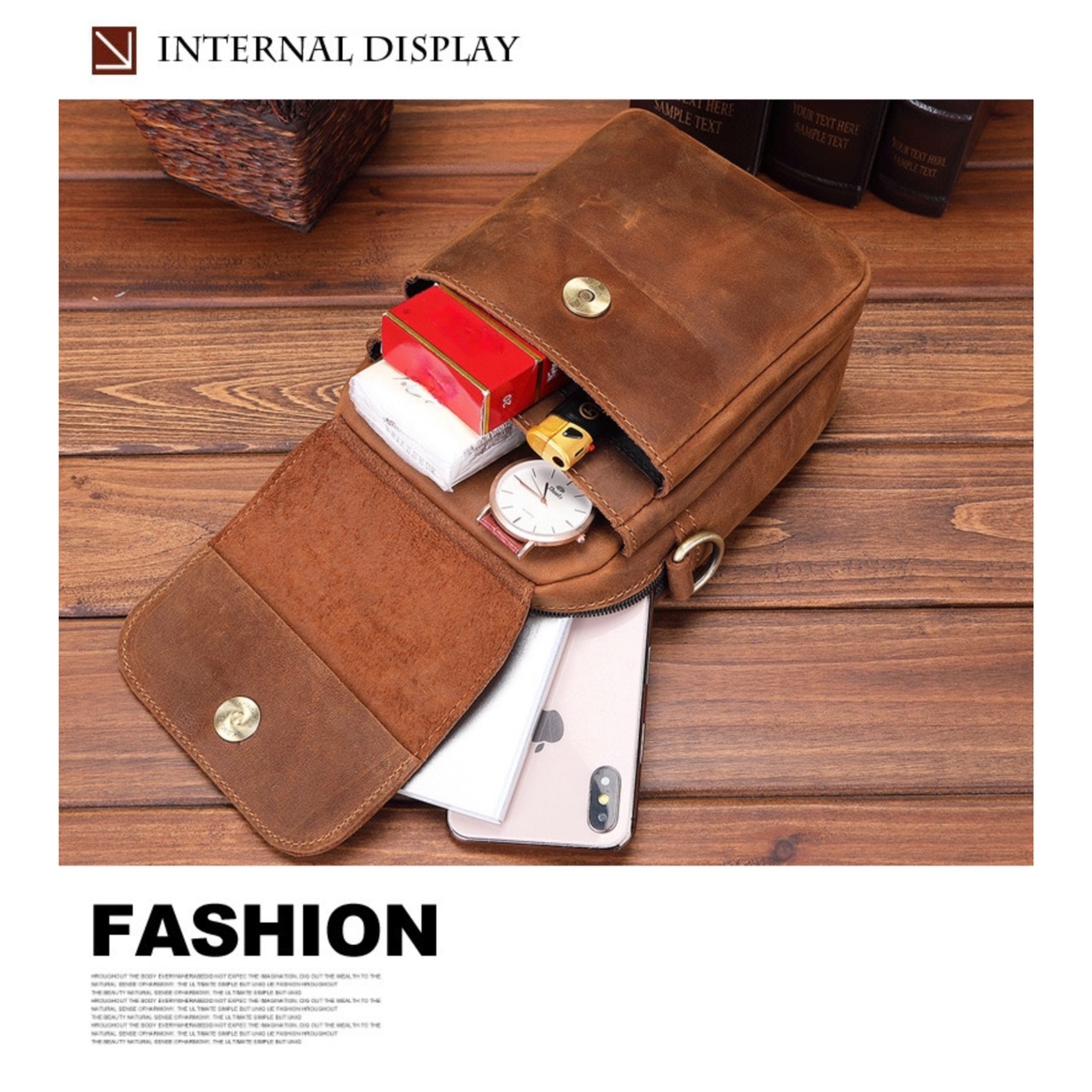 For You Leather LB47 กระเป๋าสะพายข้างผู้ชาย หนังแท้ ใบเล็ก กระเป๋าคาดเอว ร้อยเข็มขัด ค้องหูกางเกง (น้ำตาล) LB47