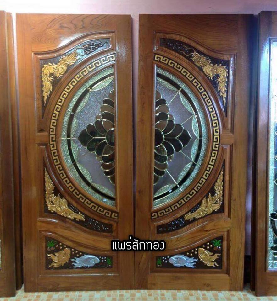 ประตูไม้สักกระจกนิรภัยบานคู่