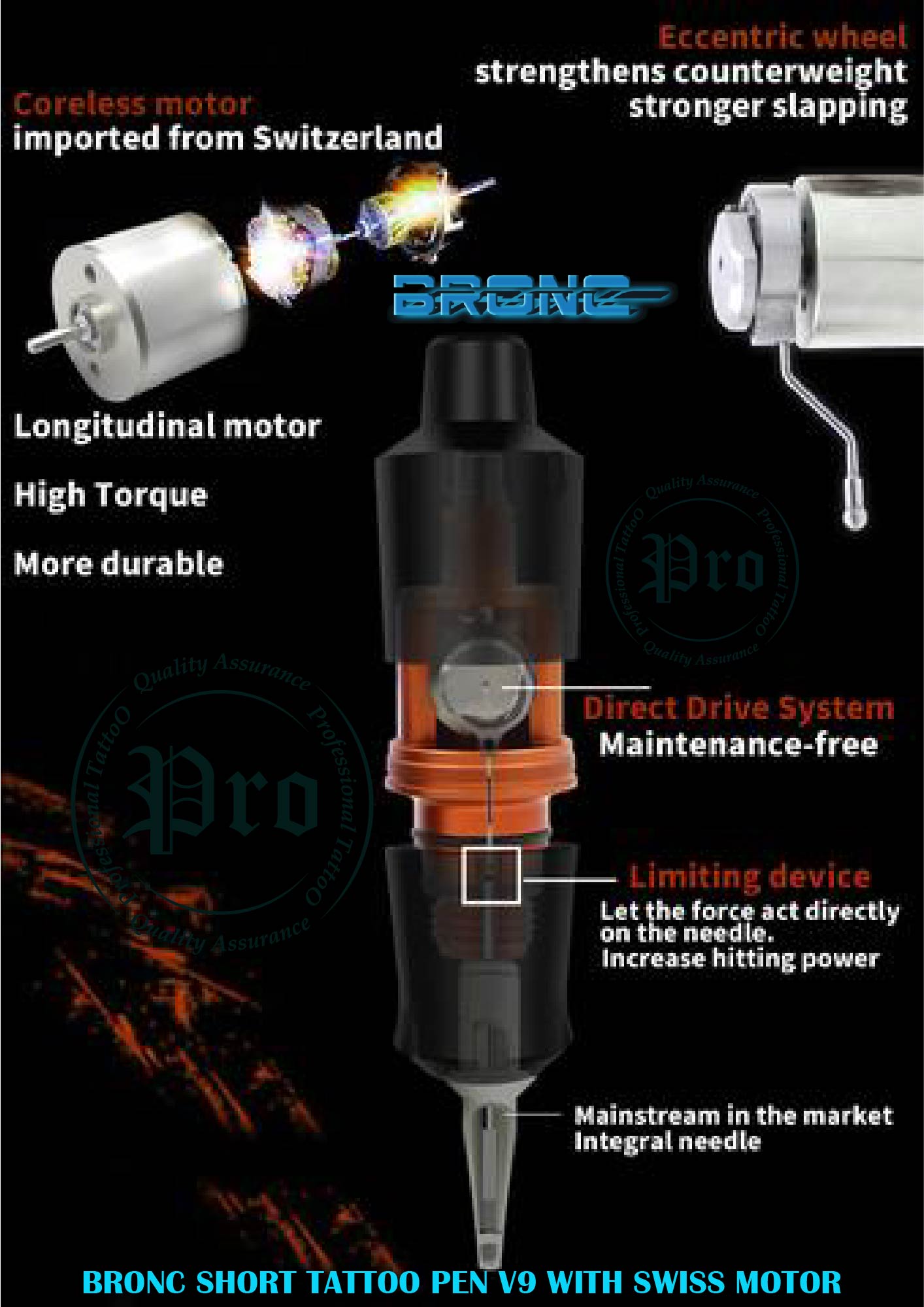 BRONC SHORT TATTOO PEN V9 เครื่องสักปากกา BRONC SHORT TATTOO PEN V9 WITH SWISS MOTOR
