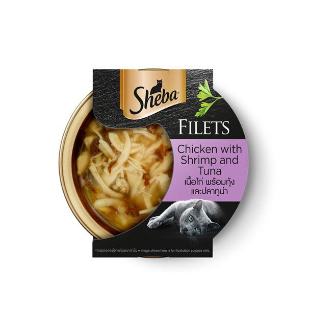 Sheba Filets เนื้อไก่ พร้อมกุ้งและปลาทูน่า 60 กรัม