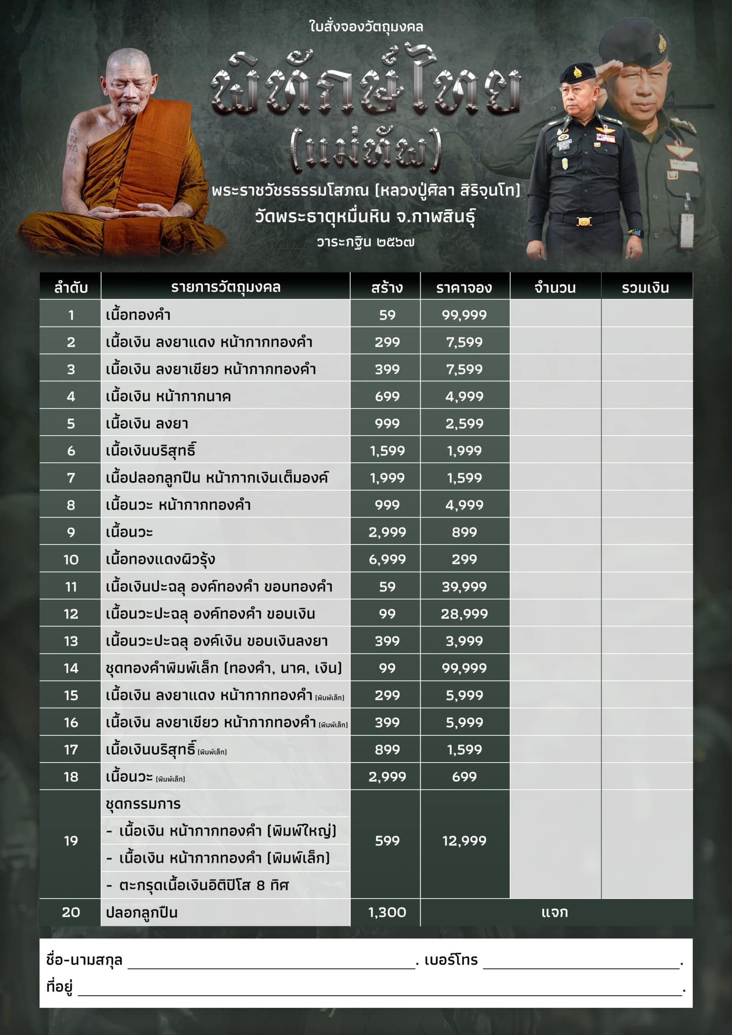 หลวงปู่มหาศิลา รุ่นพิทักษ์ไทย (แม่ทัพ)(พระออกแล้ว) ร้านปิดจองแล้ว