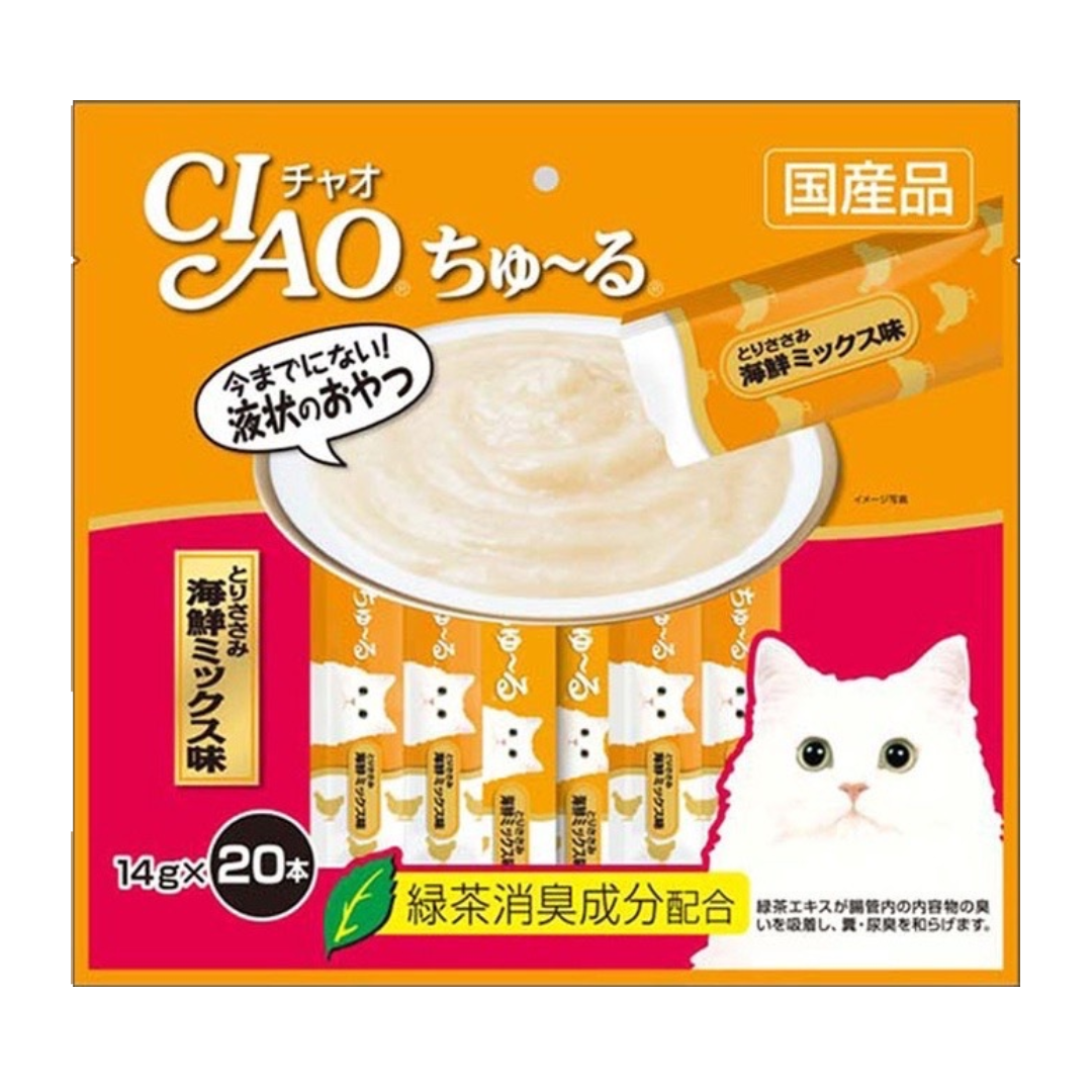 CIAO SC-128 แมวเลีย-เนื้อสันในไก่ผสมซีฟู้ด 14gx20